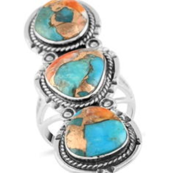 Huge Spiny Turquoise Bold 3 Stone Ring in Sterling Silver 9 Grams 2.50 ctw NWT - Picture 5 of 8